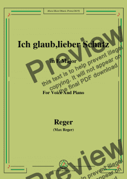 page one of Reger-Ich glaub,lieber Schatz in E Major,for Voice&Piano