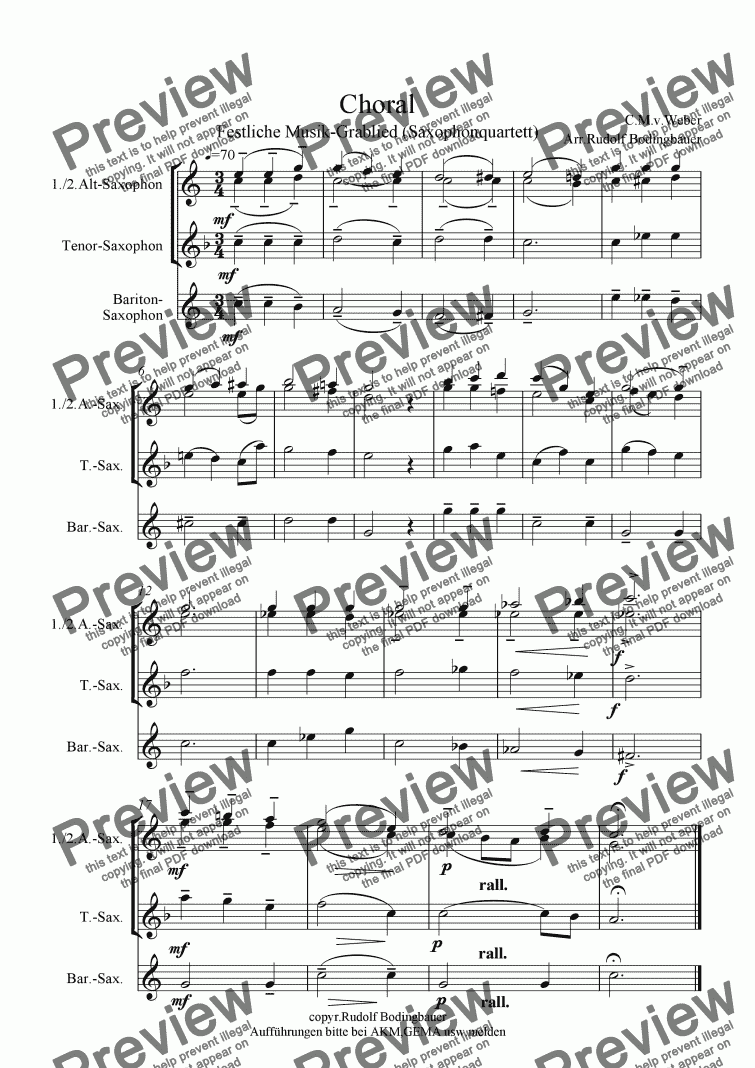 page one of Choral  C.M.v.Weber  Saxophonquartett