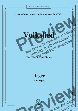 page one of Reger-Volkslied,for Flute and Piano