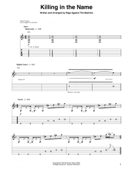 page one of Killing In The Name (Guitar Tab (Single Guitar))