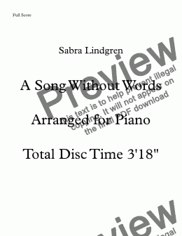 page one of A Song Without Words,  Arranged for Piano