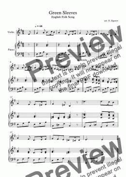 page one of Green Sleeves, English Folk Song, For Violin & Piano