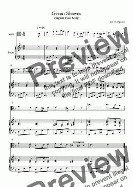 page one of Green Sleeves, English Folk Song, For Viola & Piano