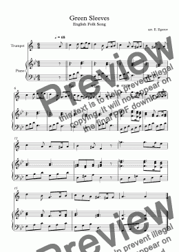 page one of Green Sleeves, English Folk Song, For Trumpet & Piano