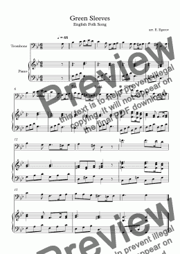 page one of Green Sleeves, English Folk Song, For Trombone & Piano