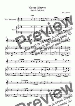 page one of Green Sleeves, English Folk Song, For Tenor Saxophone & Piano