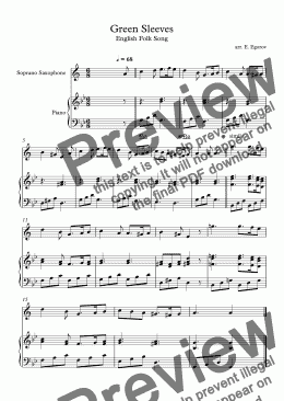 page one of Green Sleeves, English Folk Song, For Soprano Saxophone & Piano