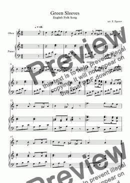 page one of Green Sleeves, English Folk Song, For Oboe & Piano