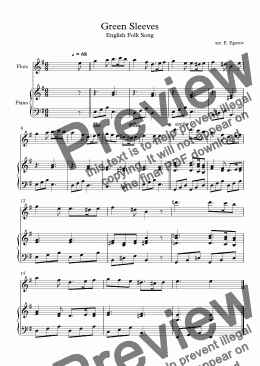page one of Green Sleeves, English Folk Song, For Flute & Piano