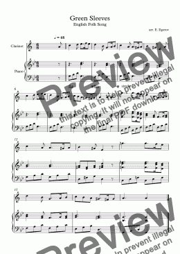 page one of Green Sleeves, English Folk Song, For Clarinet & Piano