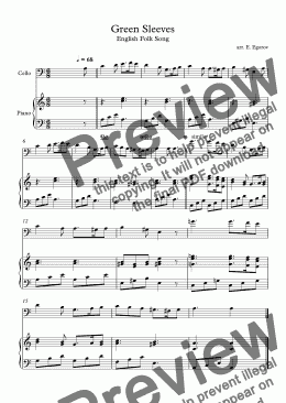 page one of Green Sleeves, English Folk Song, For Cello & Piano