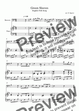 page one of Green Sleeves, English Folk Song, For Bassoon & Piano
