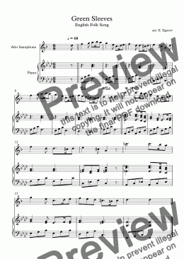 page one of Green Sleeves, English Folk Song, For Alto Saxophone & Piano