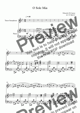 page one of O Sole Mio, Eduardo Di Capua, For Tenor Saxophone & Piano