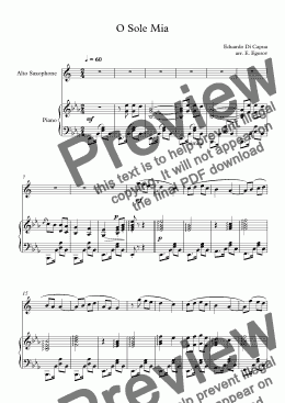 page one of O Sole Mio, Eduardo Di Capua, For Alto Saxophone & Piano