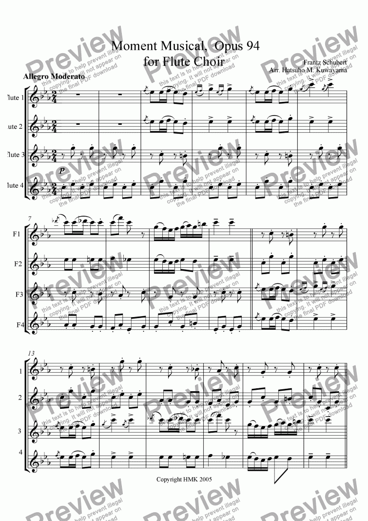 page one of Moment Musical for Flute Choir