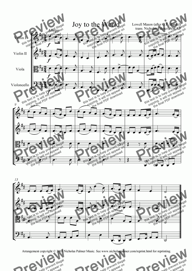 page one of Joy to the World (Easy string quartet)
