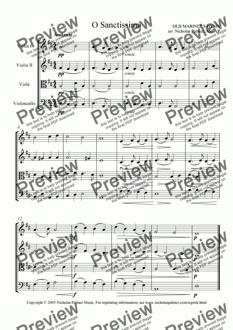 page one of O Sanctissima (string quartet)