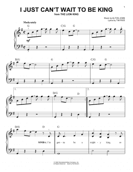 page one of I Just Can't Wait To Be King (from The Lion King) (Very Easy Piano)