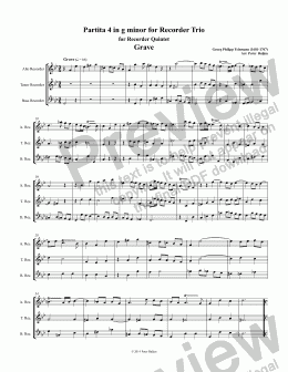 page one of GP Telemann Kleine Kammermusik Partita 4 in g minor for Recorder Trio 