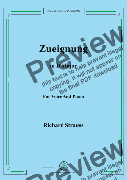 page one of Richard Strauss-Zueignung in D Major,For Voice&Pno