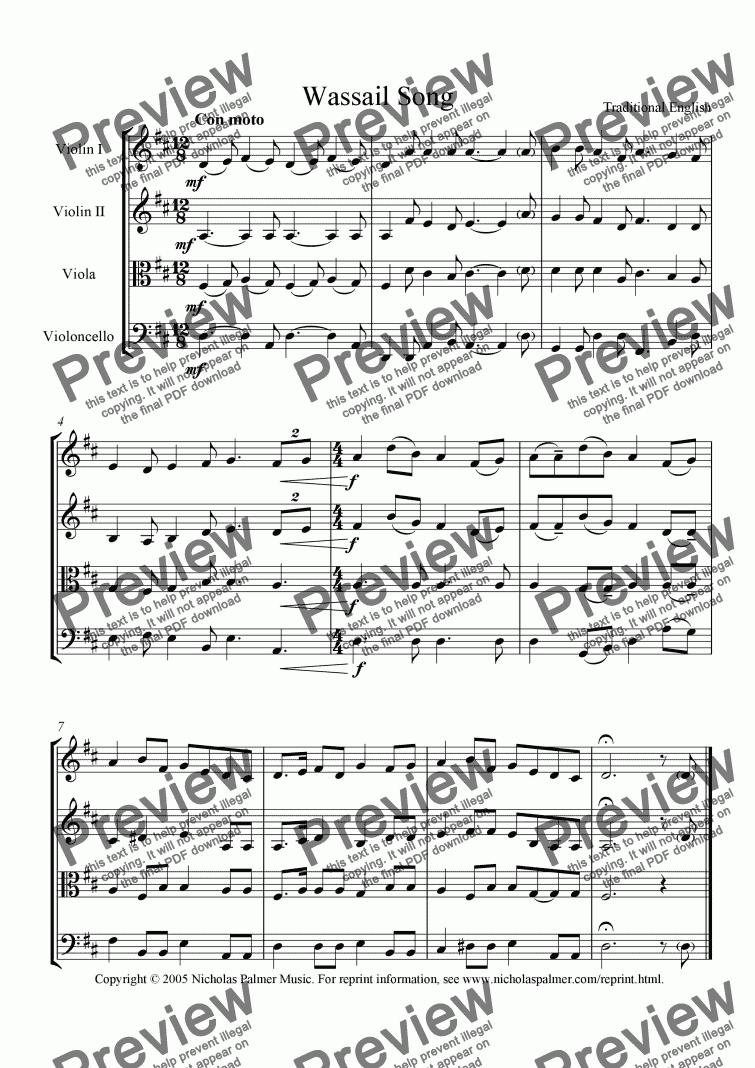 page one of Wassail Song (Easy string quartet)