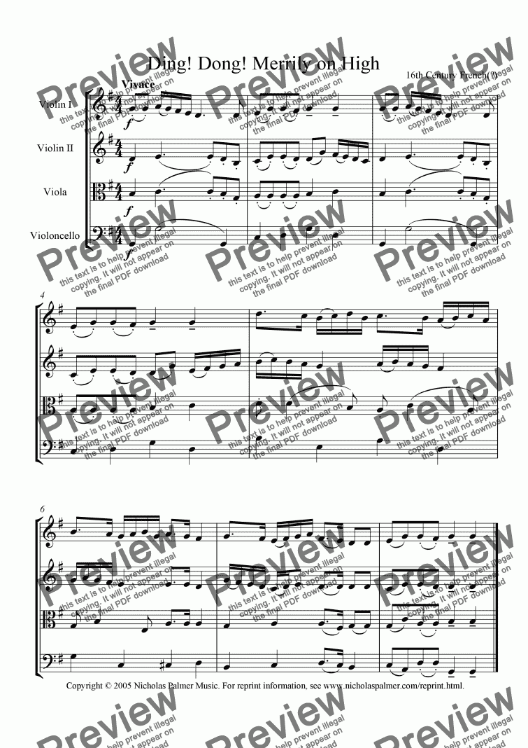 page one of Ding! Dong! Merrily on High (Easy string quartet)