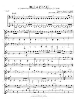 page one of He's A Pirate (from Pirates Of The Caribbean: The Curse Of The Black Pearl) (Violin Duet)