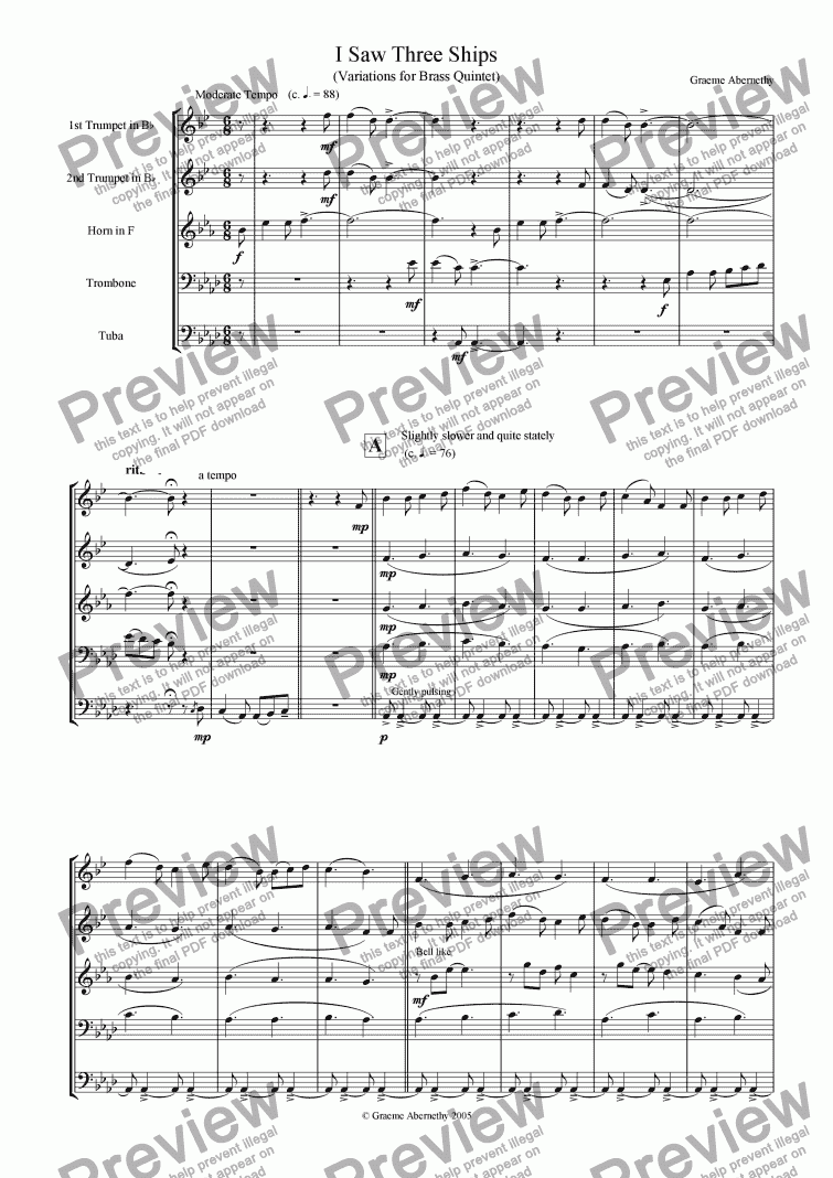 page one of I Saw Three Ships (Variations for Brass Quintet)