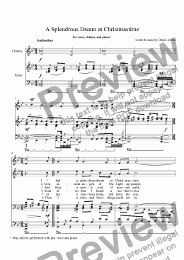 page one of A SPLENDROUS DREAM AT CHRISTMASTIME for Soprano or Tenor Voice, Chimes, and Piano