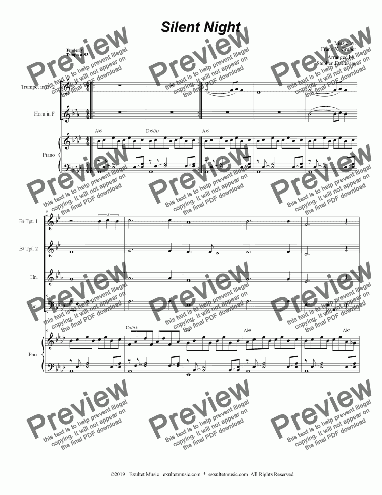 page one of Silent Night (for Brass Quartet and Piano)