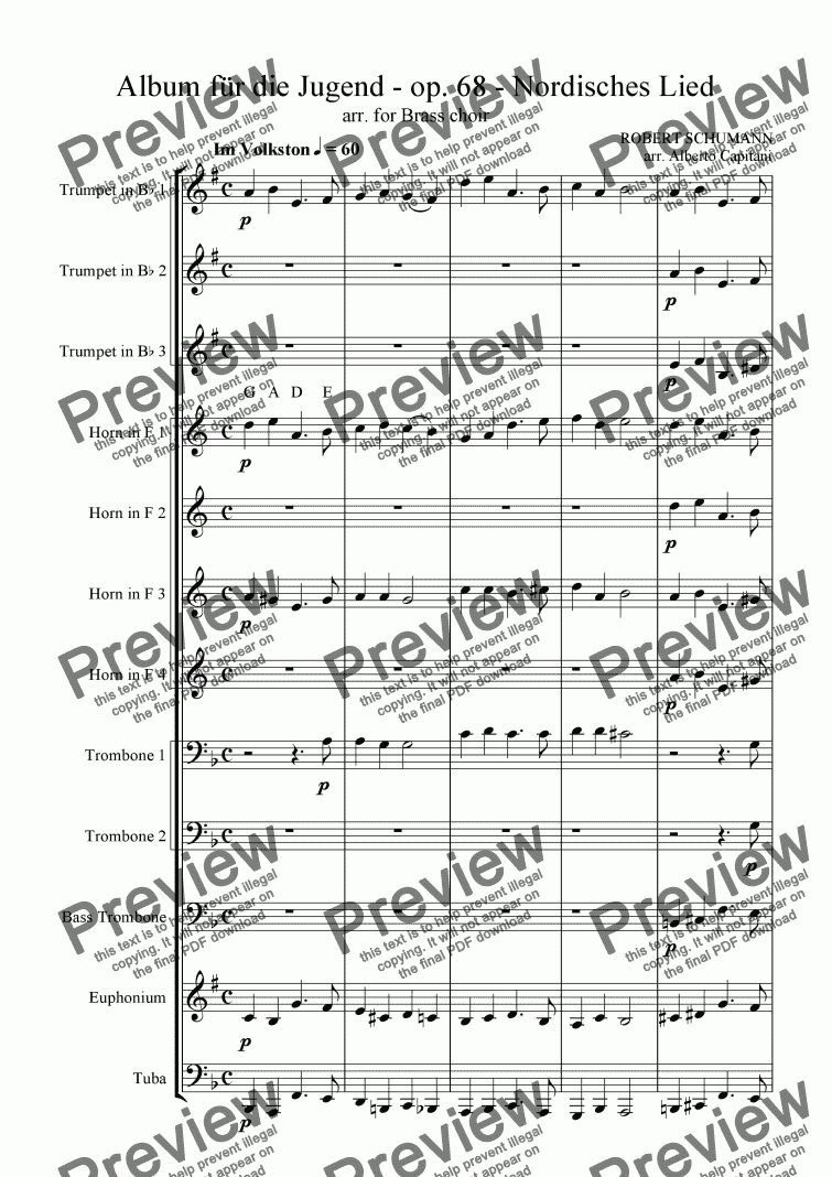 page one of Album für die Jugend - op. 68 - Nordisches Lied - arr. for Brass choir