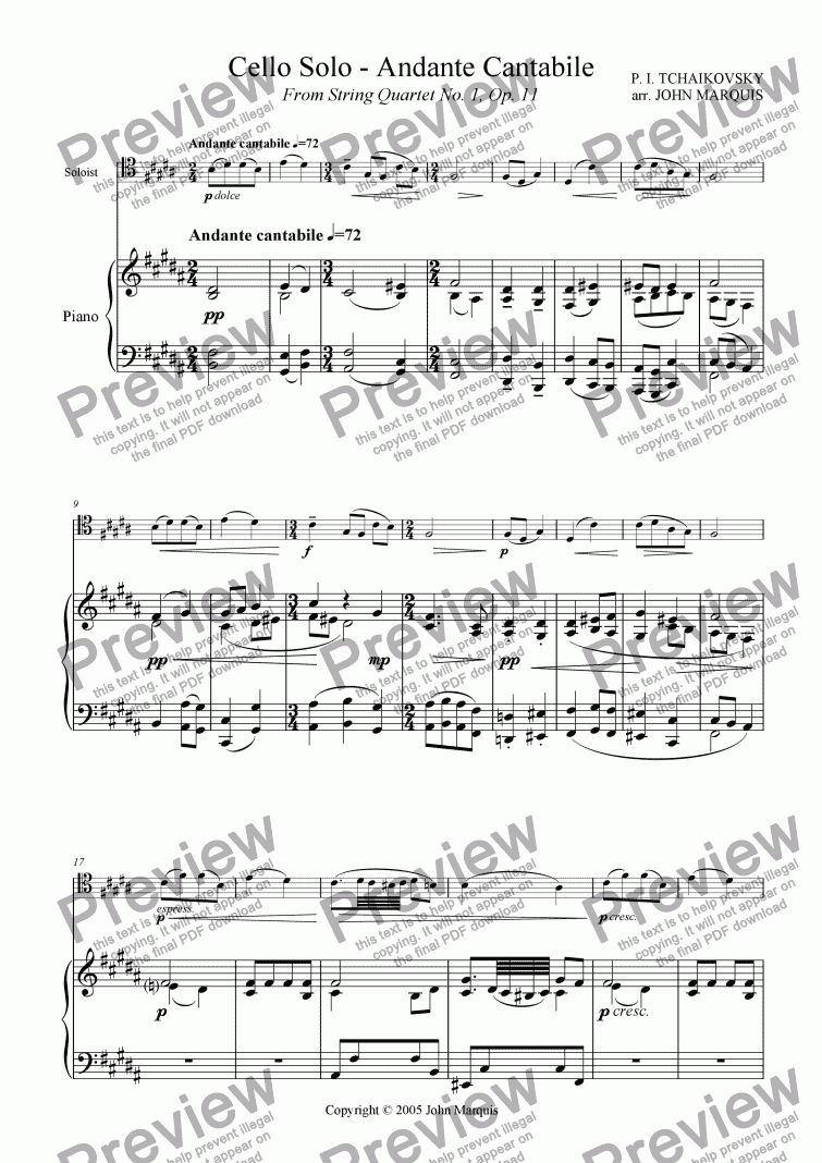 page one of Cello Solo - Andante Cantabile (from String Quartet No. 1, Op. 11)
