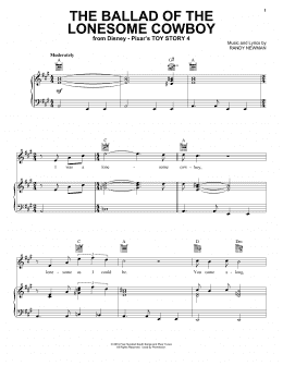 page one of The Ballad Of The Lonesome Cowboy (from Toy Story 4) (Piano, Vocal & Guitar Chords (Right-Hand Melody))