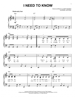 page one of I Need To Know (Easy Piano)