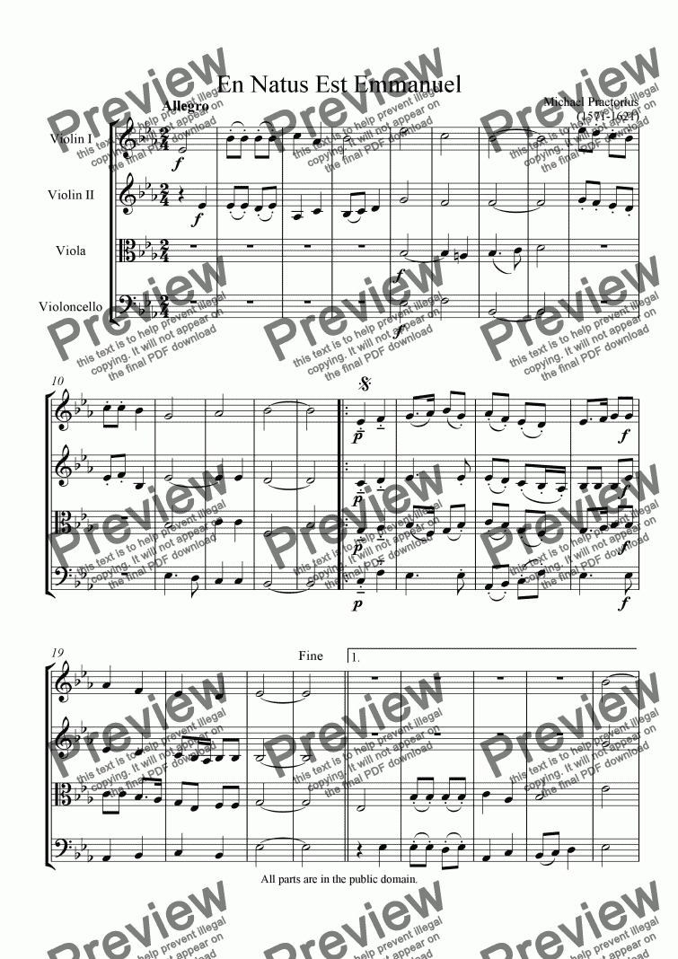 page one of En Natus Es Emmanuel (Easy string quartet)
