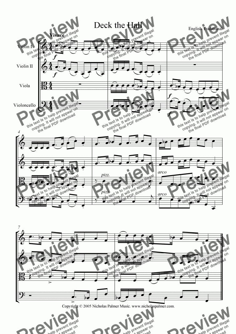 page one of Deck the Hall (Easy string quartet)