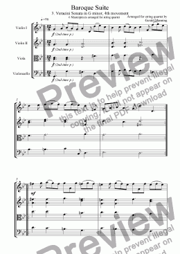 page one of Baroque Suite - 3. Antonio Veracini Vivace: Sonata in G minor 4th movement - arr. for string quartet