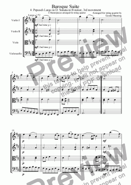 page one of Baroque Suite - 4. Johann Christoph Pepusch Largo in D: Sonata in B minor 3rd Movement - arr. for string quartet