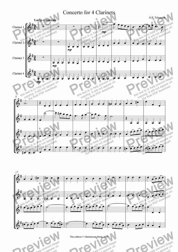 page one of Concerto for 4 Clarinets