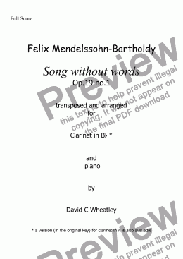 page one of Mendelssohn - Song without words op 19 no 1 for clarinet in Bb and piano arranged by David C Wheatley