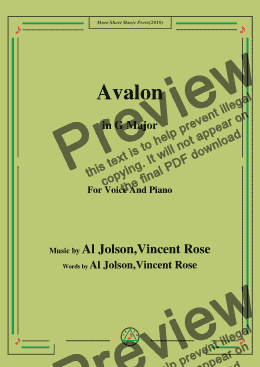 page one of Al Jolson,Vincent Rose-Avalon,in G Major,for Voice and Piano