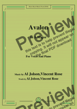 page one of Al Jolson,Vincent Rose-Avalon,in A Major,for Voice and Piano