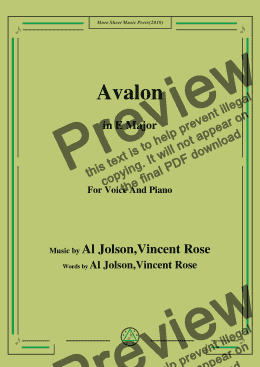 page one of Al Jolson,Vincent Rose-Avalon,in E Major,for Voice and Piano