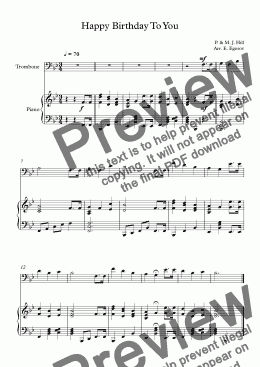page one of Happy Birthday To You, Patty & Mildred J. Hill, For Trombone & Piano