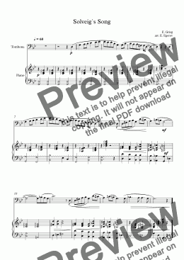 page one of Solveig`s Song, Edvard Grieg, For Trombone & Piano
