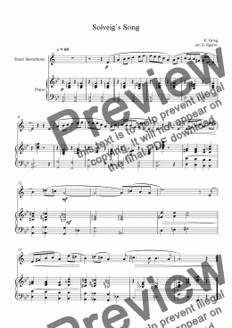 page one of Solveig`s Song, Edvard Grieg, For Tenor Saxophone & Piano