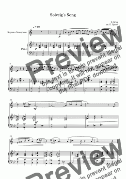 page one of Solveig`s Song, Edvard Grieg, For Soprano Saxophone & Piano