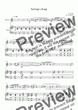 page one of Solveig`s Song, Edvard Grieg, For Clarinet & Piano