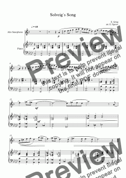 page one of Solveig`s Song, Edvard Grieg, For Alto Saxophone & Piano